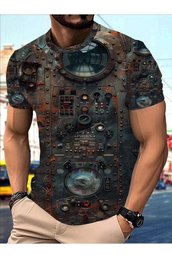 Men's 3DT-shirt, retro rust mechanical instrument pattern T-shirt, old steampunk short-sleeved top, suitable for casual daily wear