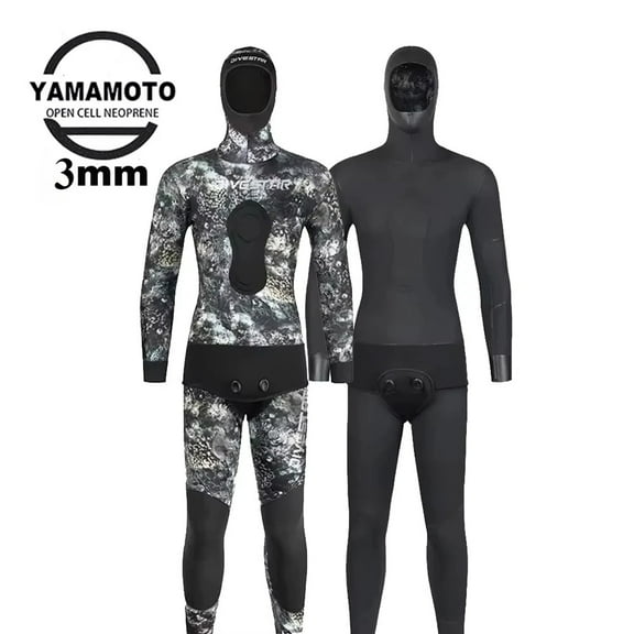 Men's 3mm Spearfishing Wetsuit - Open Cell Neoprene Two-Piece with Hoodie, Camouflage Design for Freediving & Scuba