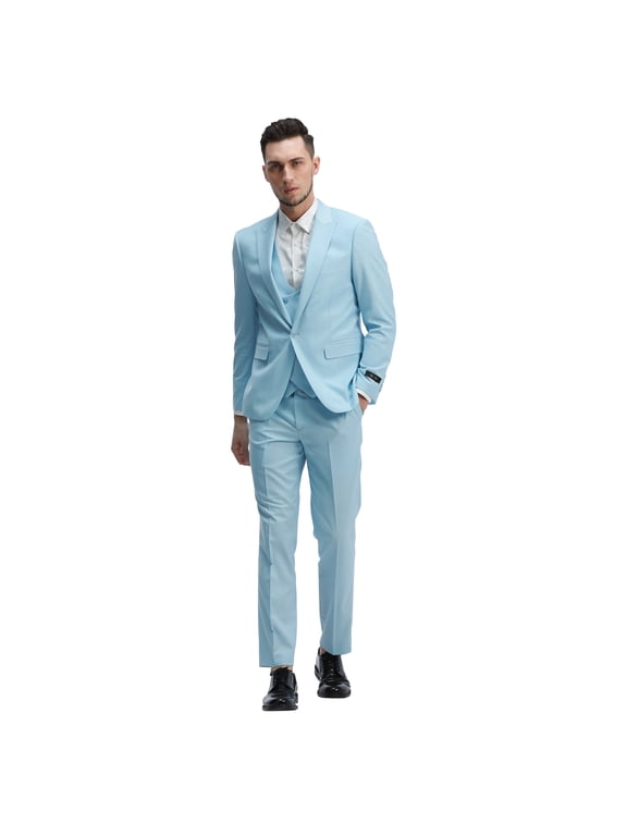 Men's 3pc Solid Skinny Fit Suit Set with Peak Lapel & Double Breasted Vest