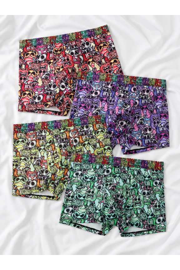 Men's 4-Pack Multipack Graffiti Underwear, 93% Polyester, Bold Monster Cartoon Prints, High Stretch Comfort Boxers for Daily & Casual Wear