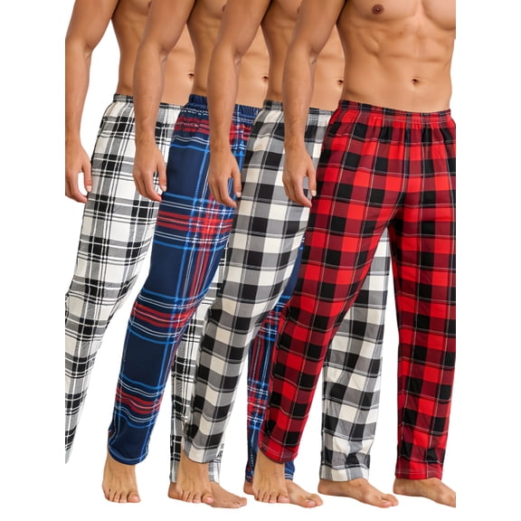 Men's 4 Pack Plaid Pajama Pants, Soft Loose Fit Elastic Waist Sleep Pants, Lightweight Woven Casual Lounge Pants for Sleeping & Daily Home Wear, Multi Classic Buffalo Check Colors