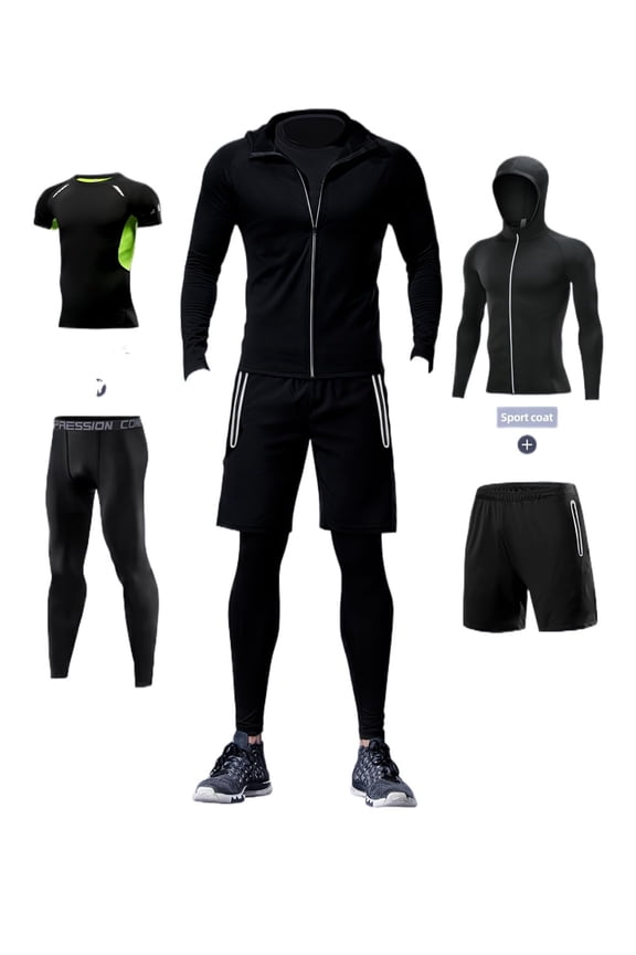 Men's 4-Piece Active Set Hooded Jacket, Compression Pants, Shorts, and Short-Sleeve Basketball Bodysuit