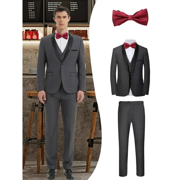 Men's 4-Piece Boutique Wedding Tailcoat Set with Jacket, Vest, Pants & Red Bow Tie – British Style Formal Suit for Groom, Business, Parties & Special Events