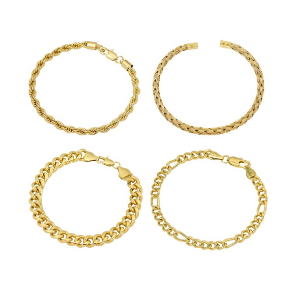 Men’s 4-Piece Stackable Link Bracelet Set – 8" Length with Mixed Chain Designs – Fashion Jewelry for Streetwear, Hip Hop & Casual Looks - Cuff Link - Gold