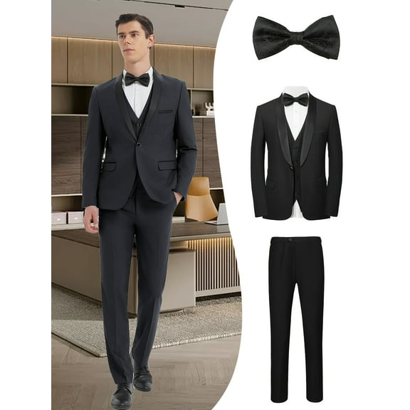 Men’s 4-Piece Suit Set – Jacket, Vest, Pants & Black Tie, Shawl Collar Formal Business Attire for Weddings, Banquets & Professional Events