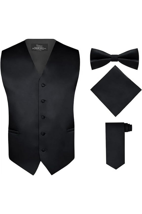 Men's 4 Piece Vest Set, with Bow Tie, Neck Tie, and Pocket Square