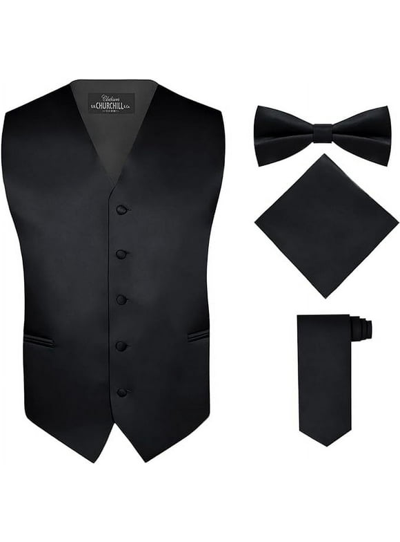 Men's 4 Piece Vest Set, with Bow Tie, Neck Tie & Pocket Hankie - Black, S