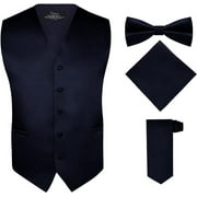 Men's 4 Piece Vest Set, with Bow Tie, Neck Tie & Pocket Hankie - Navy, XL