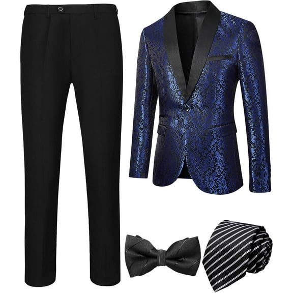 Men’s 4 Pieces Tuxedo Suit Set One Button Blazer Business Shawl Lapel Jacket Party Prom Jacket Pants Set with Bow Tie Set