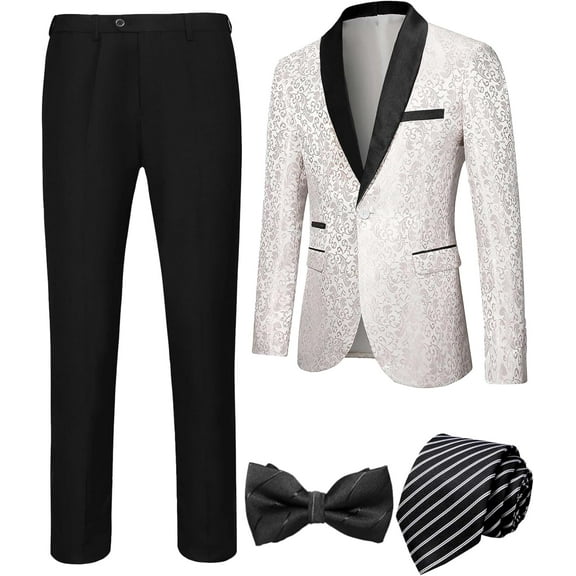 Men’s 4 Pieces Tuxedo Suit Set One Button Blazer Business Shawl Lapel Jacket Party Prom Jacket Pants Set with Bow Tie Set