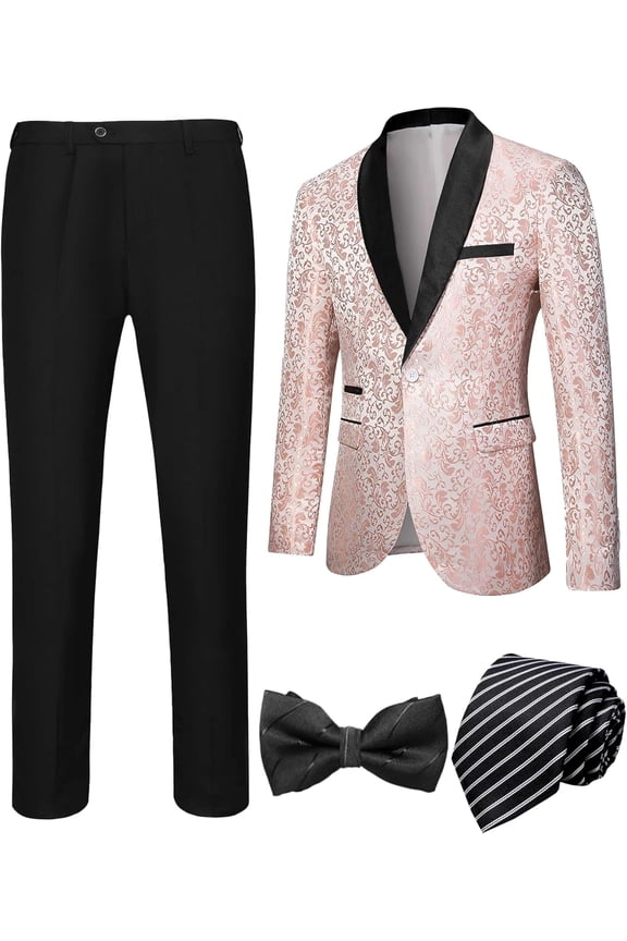 Men’s 4 Pieces Tuxedo Suit Set One Button Blazer Business Shawl Lapel Jacket Party Prom Jacket Pants Set with Bow Tie Set