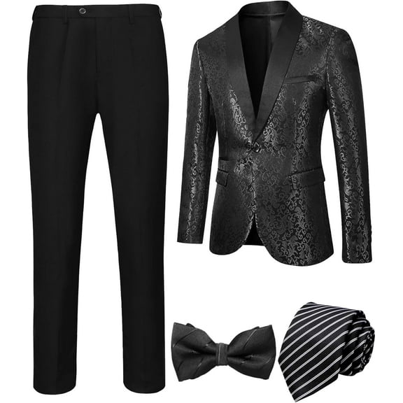 Men’s 4 Pieces Tuxedo Suit Set One Button Blazer Business Shawl Lapel Jacket Party Prom Jacket Pants Set with Bow Tie Set