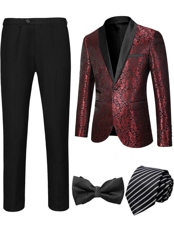 Men’s 4 Pieces Tuxedo Suit Set One Button Blazer Business Shawl Lapel Jacket Party Prom Jacket Pants Set with Bow Tie Set