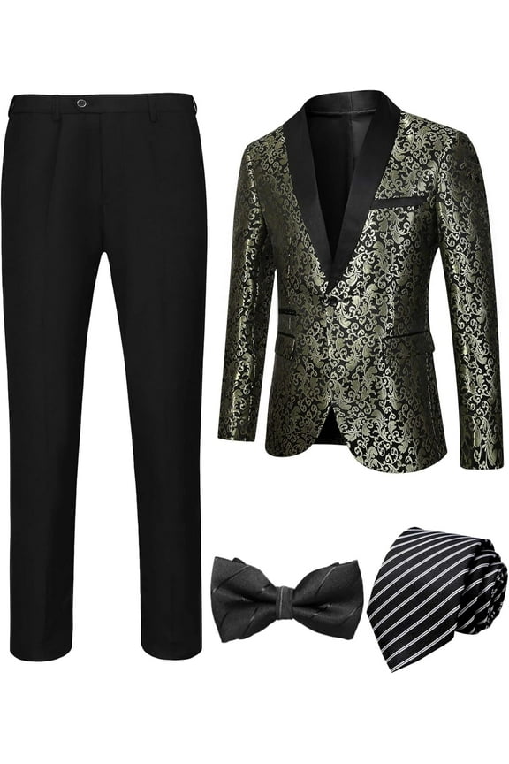 Men’s 4 Pieces Tuxedo Suit Set One Button Blazer Business Shawl Lapel Jacket Party Prom Jacket Pants Set with Bow Tie Set