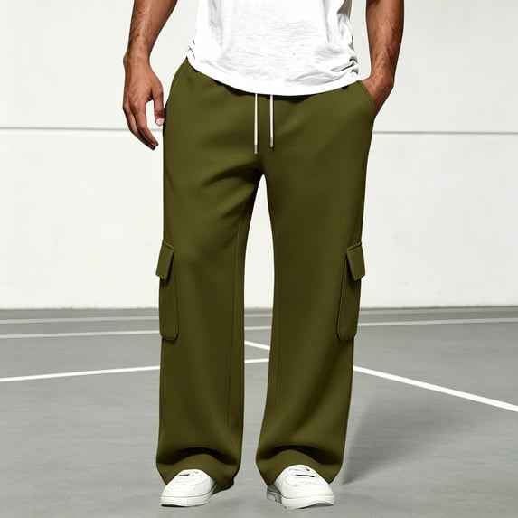 Men's 4 Pocket Cargo Sweatpants Drawstring Elastic Waist Straight Wide Leg Trousers Solid Casual Comfortable Joggers