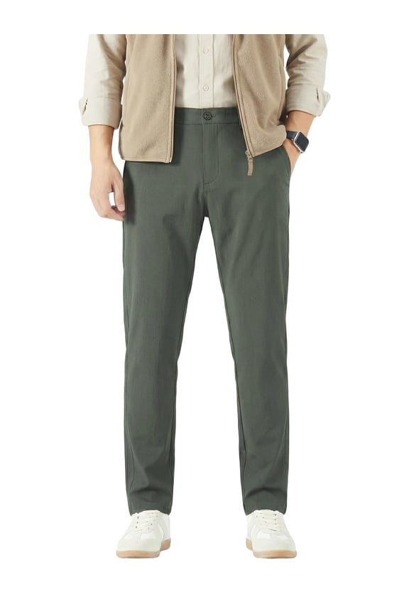 Men's 4-Way Stretch Dress Pants - Mid-Rise Straight Cut with Elastic Waist (Business Casual)