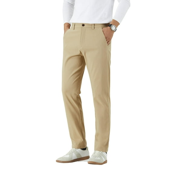 Men's 4-Way Stretch Dress Pants - Mid-Rise Straight Cut with Elastic Waist (Business Casual)