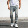 thumbnail image 1 of Men's 400g Heavyweight Stretch Jeans, Slim Fit Ripped Denim Pants with Light Blue Paint Splatter for Street Style, Comfortable and Durable, 1 of 4