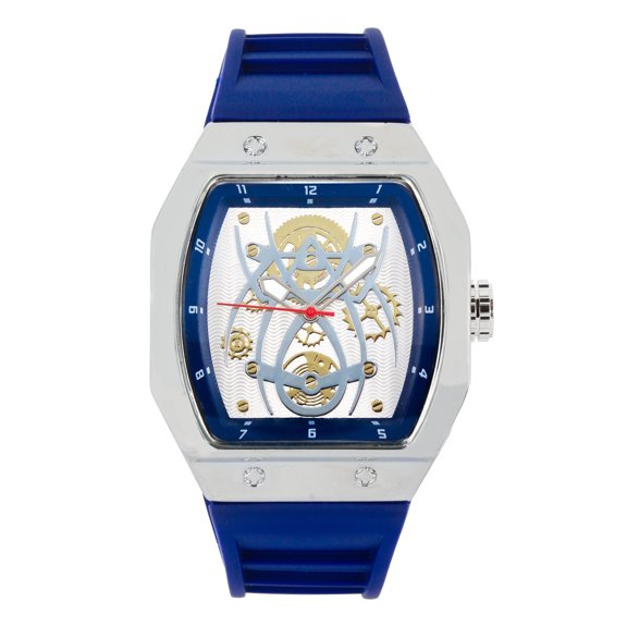 Men’s 41mm Tonneau Watch – Luxury Quartz Timepiece with Skeleton Dial, Silicone Strap, Gift for Him - Silver Blue