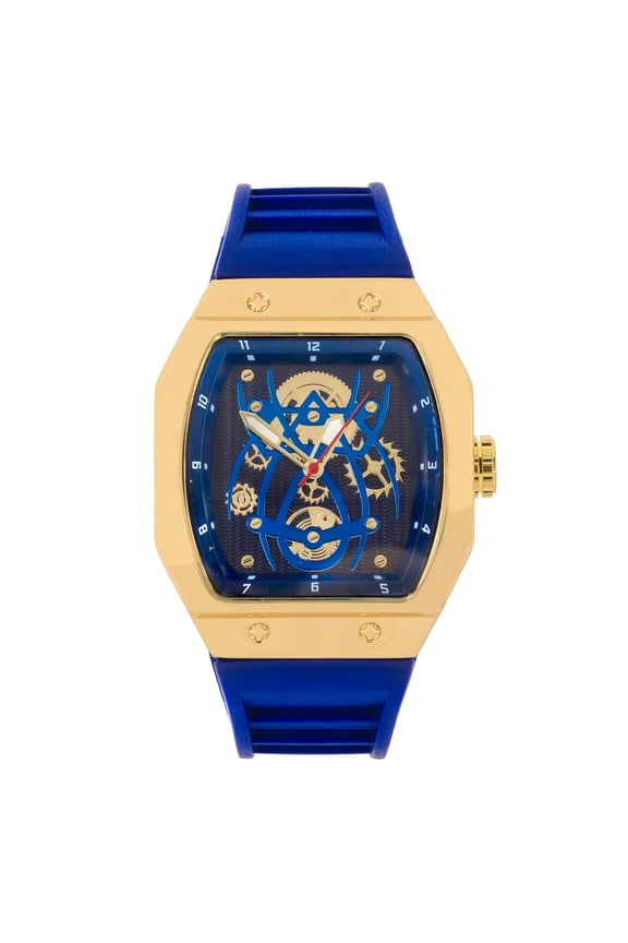 Men’s 41mm Tonneau Watch – Luxury Quartz Timepiece with Skeleton Dial, Silicone Strap, Gift for Him - Gold Blue
