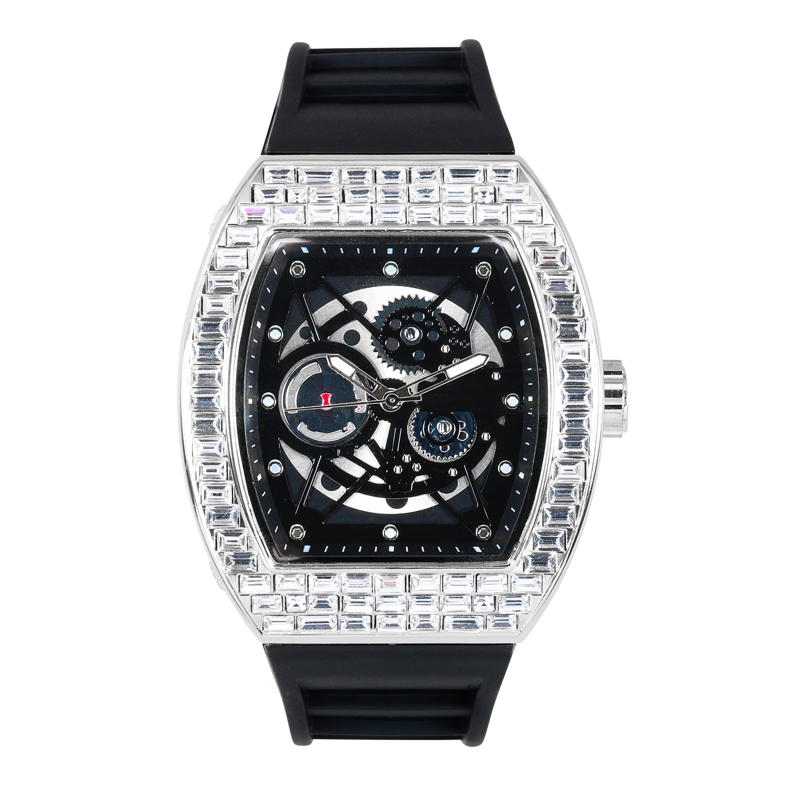 Men's 40mm Iced Out Tonneau Shape Silicone Band Watch - Silver Black ...