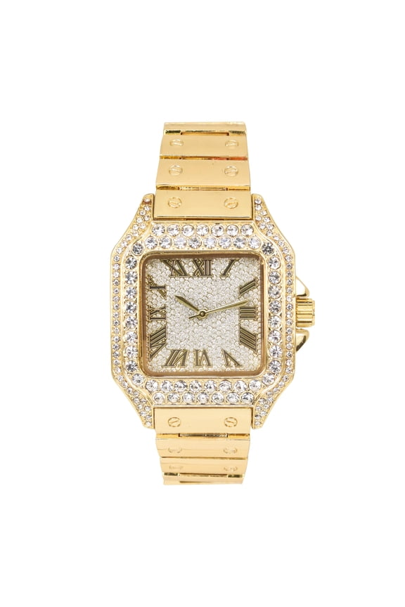 Men's 40mm Square Metal Band Watch – Quartz Movement, Fully Iced Bezel - Gold Finish