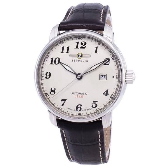 Men's 41mm Brown Leather Band Steel Case Automatic Beige Dial Analog Watch 7656-5