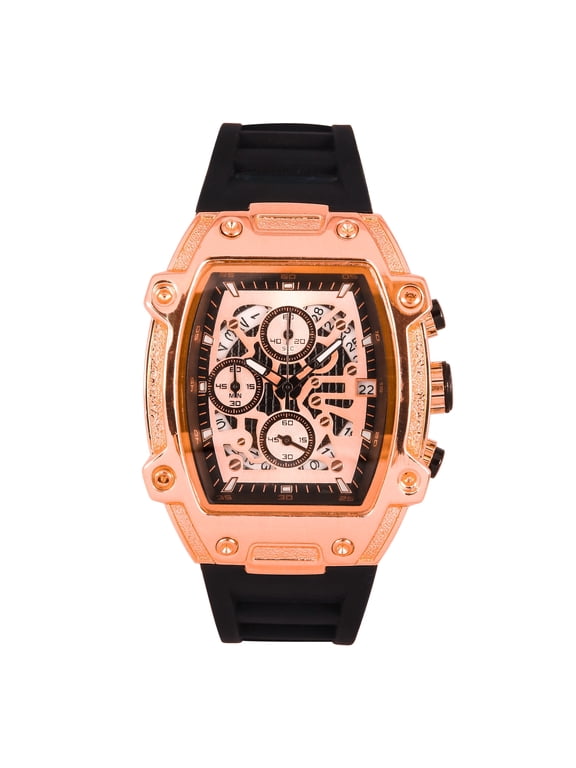 Men’s 41mm Skeleton Dial Watch – Tonneau Case with Date Display, Quartz Movement & Silicone Strap – Gift-Ready Timepiece - Rose Black
