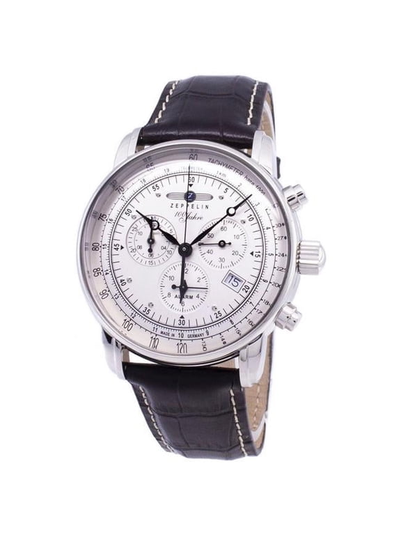 Men's 42mm Brown Calfskin Band Steel Case Swiss Quartz White Dial Chronograph Watch 7680-1