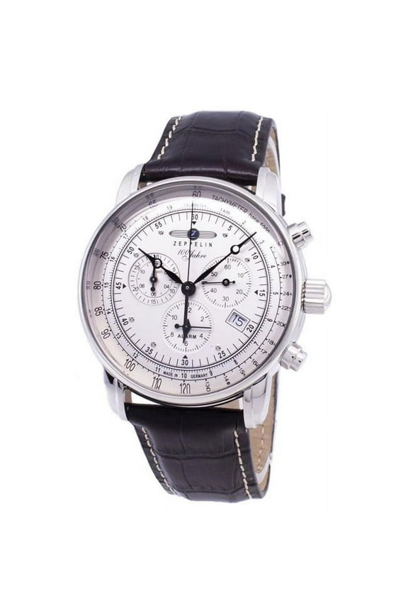 Men's 42mm Brown Calfskin Band Steel Case Swiss Quartz White Dial Chronograph Watch 7680-1