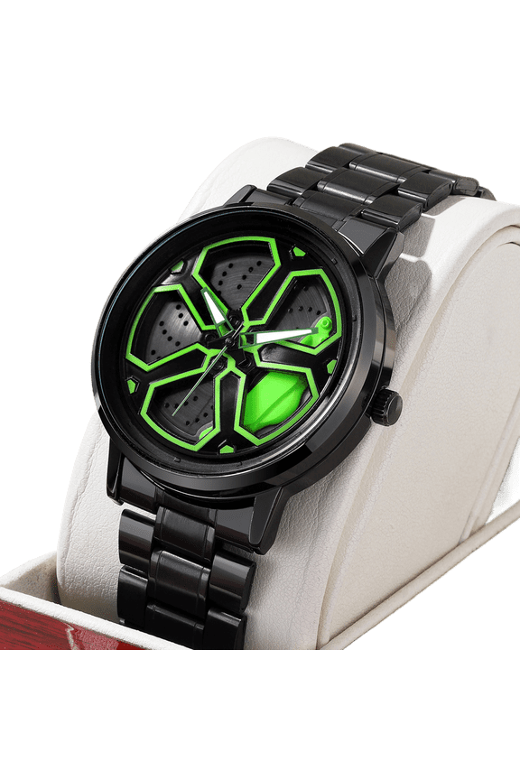 Men's 42mm Car Wheel Rim Design Quartz Watch, Luminous, 3ATM Waterproof, Stainless Steel Band