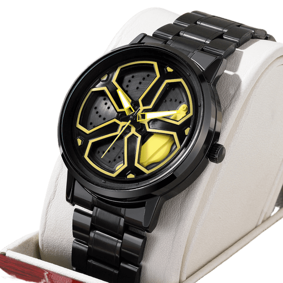 Men's 42mm Car Wheel Rim Design Quartz Watch, Luminous, 3ATM Waterproof, Stainless Steel Band