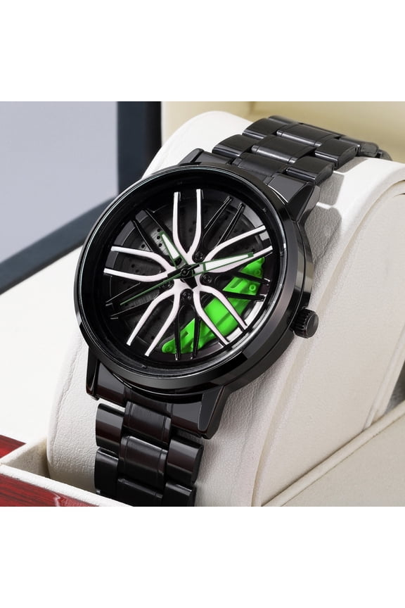Men's 42mm Car Wheel Rim Design Quartz Watch, Luminous, 3ATM Waterproof, Stainless Steel Band