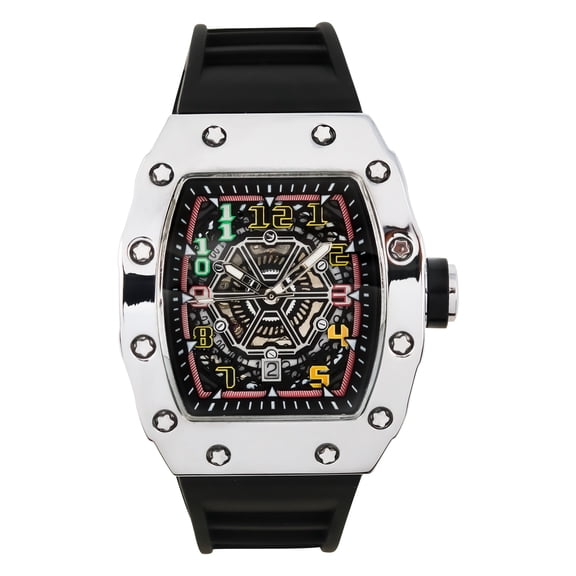 Techno Pave Men’s 42mm Tonneau Watch – Luxury Skeleton Dial Quartz Timepiece with Silicone Strap, Gift for Him - Silver Black