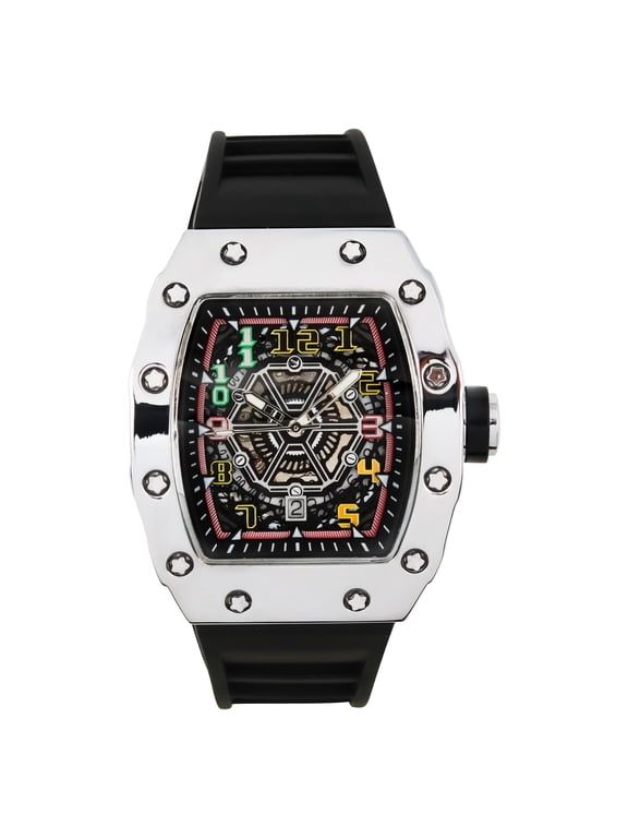 Techno Pave Men’s 42mm Tonneau Watch – Luxury Skeleton Dial Quartz Timepiece with Silicone Strap, Gift for Him - Silver Black