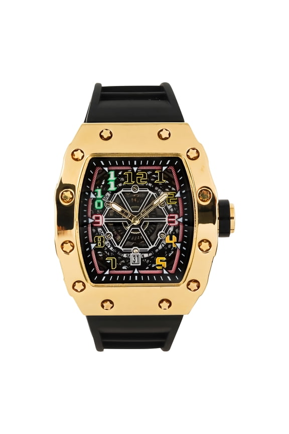 Techno Pave Men’s 42mm Tonneau Watch – Luxury Skeleton Dial Quartz Timepiece with Silicone Strap, Gift for Him - Gold Black