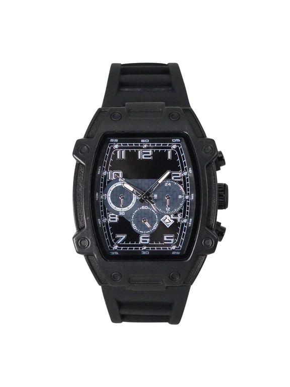 Men’s 42mm Tonneau Watch – Multi-Dial Face with Date Display, Silicone Strap & Quartz Movement – Gift-Ready Timepiece - Black