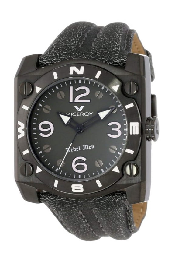 Men's 432119-55 REBEL Luminous Black IP Steel Square Grey Leather Watch