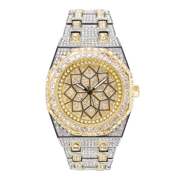Men's 43mm Fully Iced Out Octagon Watch - Simulated Diamonds, Quartz Movement - Two-Tone Dial