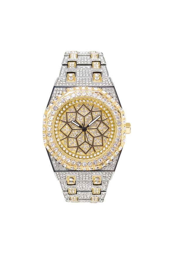 Men's 43mm Fully Iced Out Octagon Watch - Simulated Diamonds, Quartz Movement - Two-Tone Dial