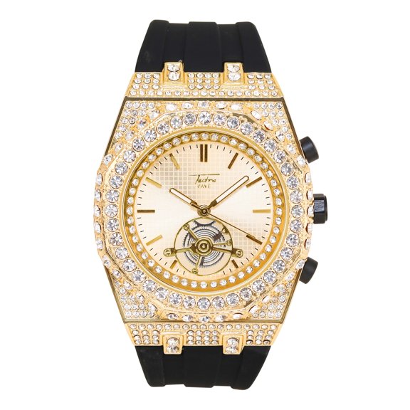 Men's 43mm Iced Out Octagon Watch – Diamond Dial, Silicone Band, Quartz Movement, Luxury Hip-Hop Fashion - Gold Dial