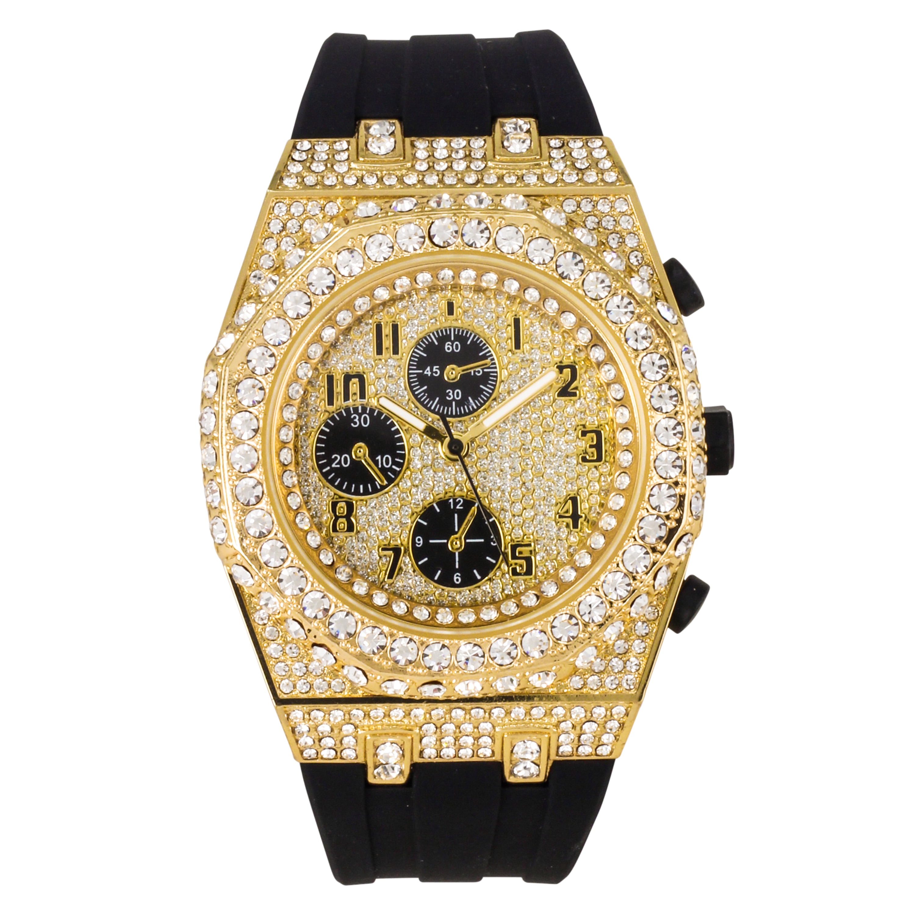 Men's 43mm Iced Out Octagonal Case Silicone Band Watch - Gold Black ...