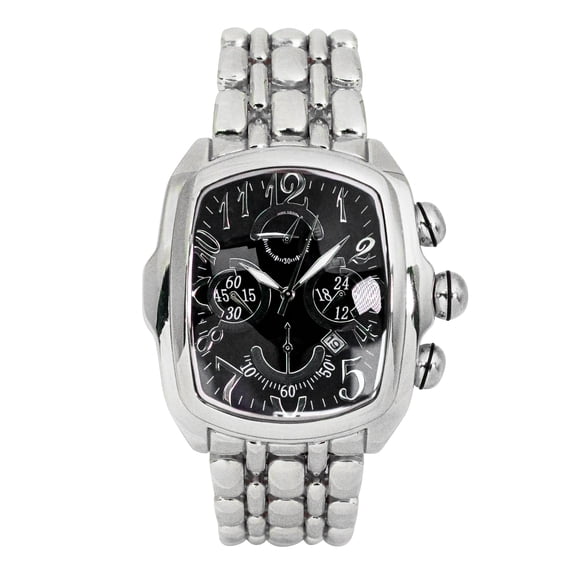 Men’s 43mm Tonneau Shape Analog Quartz Watch – Silver Case with Black Dial, 7" Link Bracelet