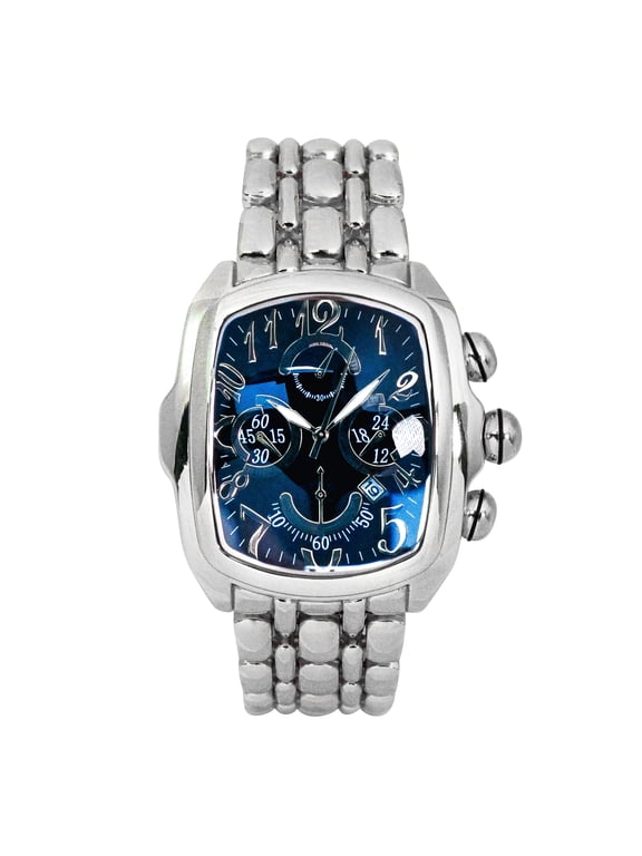 Men’s 43mm Tonneau Shape Analog Quartz Watch – Silver Case with Blue Dial, 7" Link Bracelet