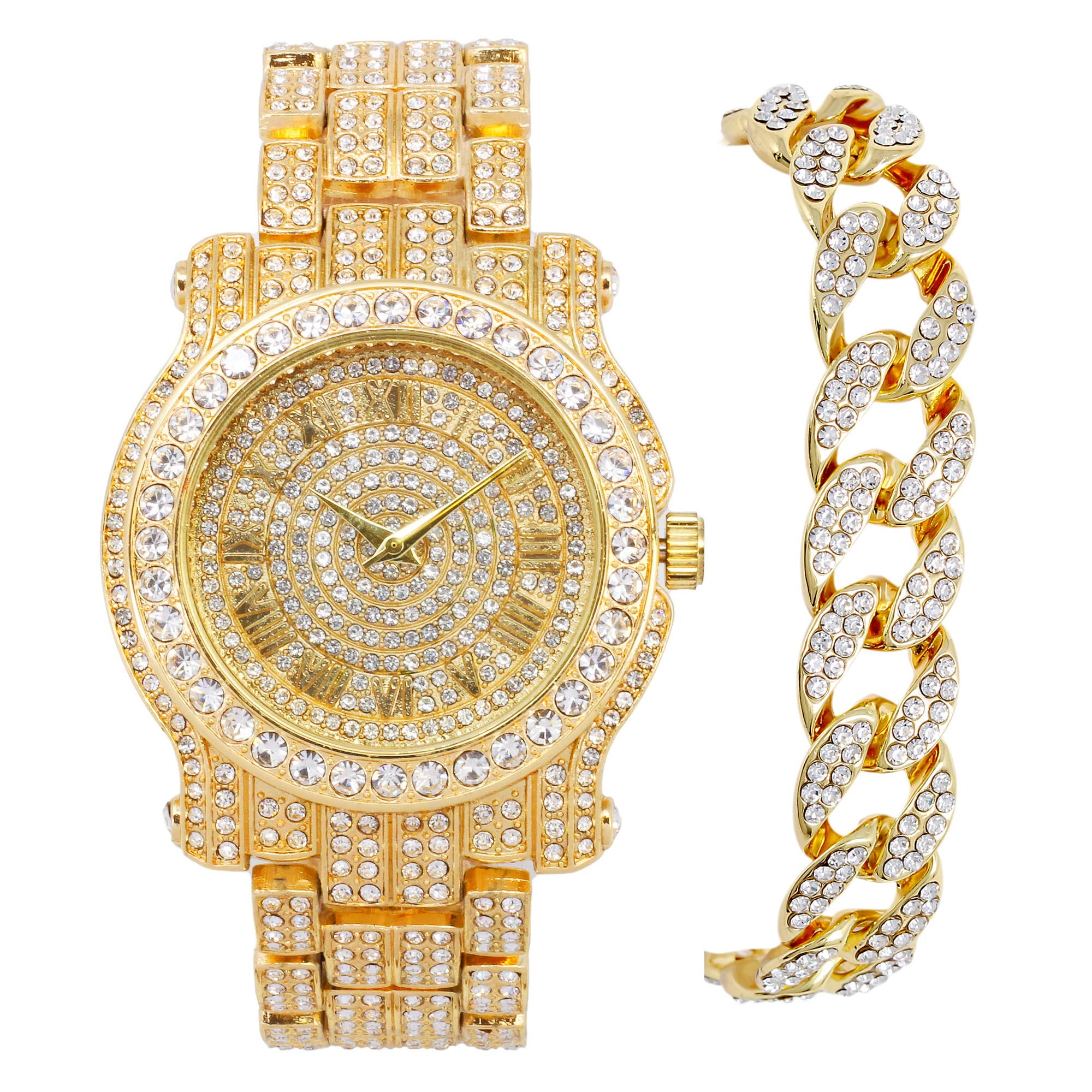 Men s 45mm Iced Diamond Pave Watch with Roman Dial Simulated Diamonds Bling ed Out Metal Band 14k Gold Tone Finish Watch and Bracelet Set
