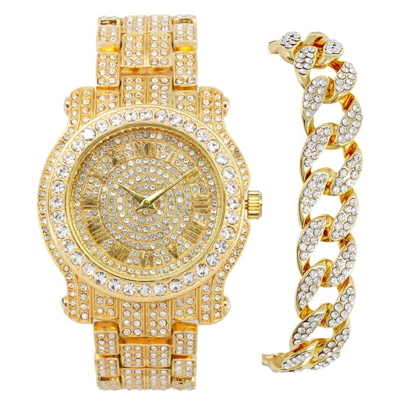 Men's 45mm Iced Diamond Pave Watch with Roman Dial - Simulated Diamonds - Bling-ed Out Metal Band - 14k Gold Tone Finish Watch and Bracelet Set