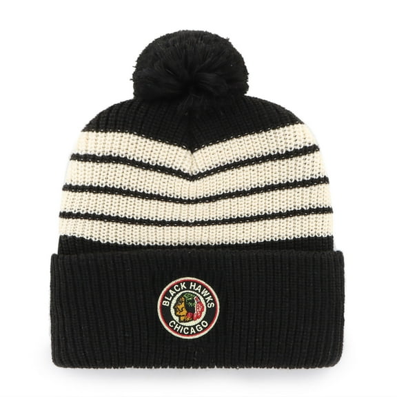 Men's '47 Black Chicago Blackhawks Old Time Hockey Barn Cuffed Knit Hat with Pom