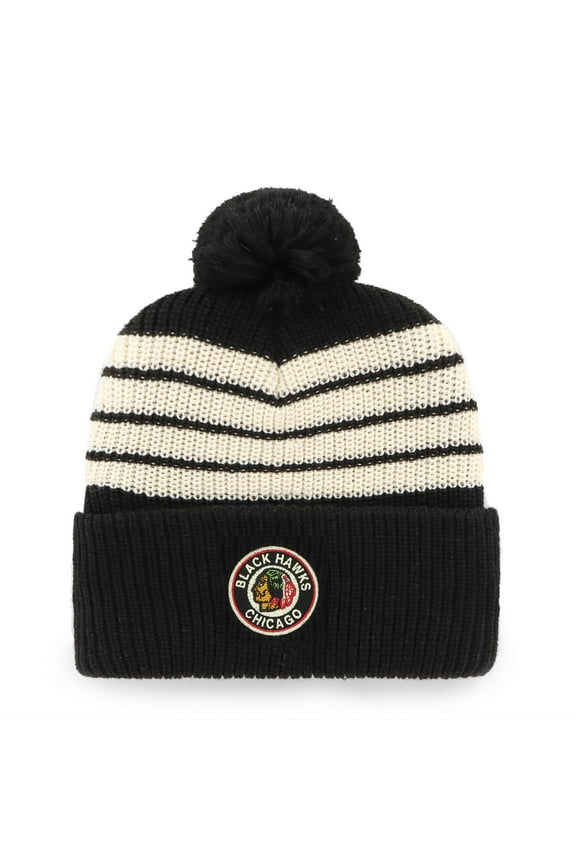 Men's '47 Black Chicago Blackhawks Old Time Hockey Barn Cuffed Knit Hat with Pom