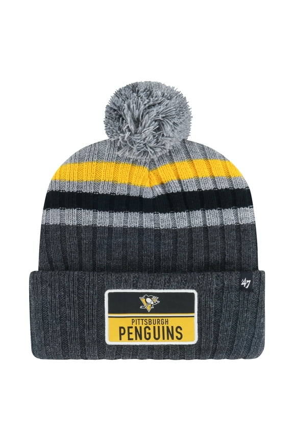 Men's '47 Gray Pittsburgh Penguins Stack Patch Cuffed Knit Hat with Pom