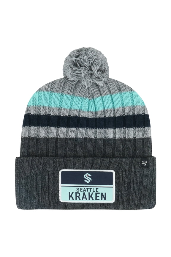Men's '47 Gray Seattle Kraken Stack Patch Cuffed Knit Hat with Pom